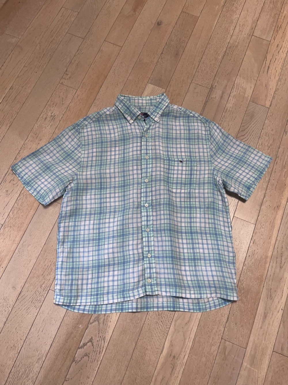 Vineyard Vines Men's L Classic Fit Tucker Shirt Blue Green Plaid 100% Linen SS